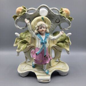 Antique German Bisque Porcelain Figural Vase Planter Girl Figurine Floral Basket
